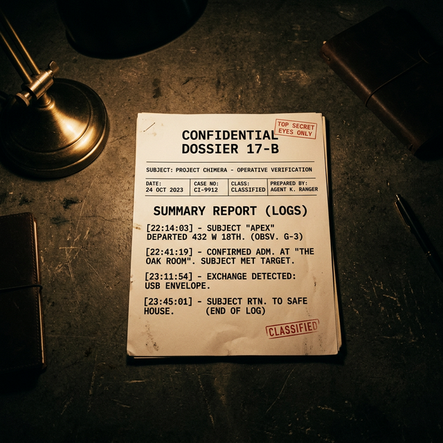 A stark, minimalist printed report on a dark desk.