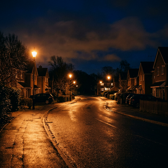 A quiet residential street lit by sodium vapor streetlights at night.